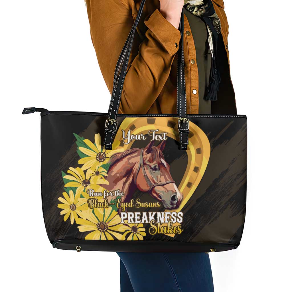 Personalized Preakness Horse Racing Leather Tote Bag Horseshoe With Black-Eyed Susans