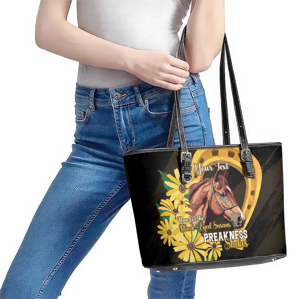 Personalized Preakness Horse Racing Leather Tote Bag Horseshoe With Black-Eyed Susans