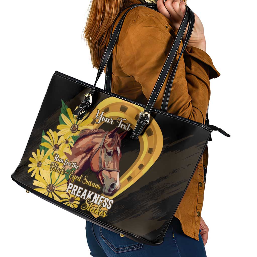 Personalized Preakness Horse Racing Leather Tote Bag Horseshoe With Black-Eyed Susans