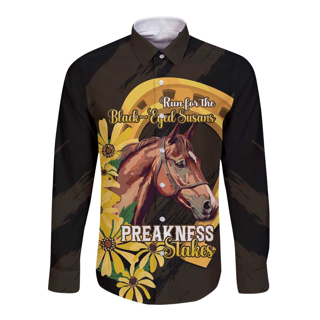 Personalized Preakness Horse Racing Long Sleeve Button Shirt Horseshoe With Black-Eyed Susans