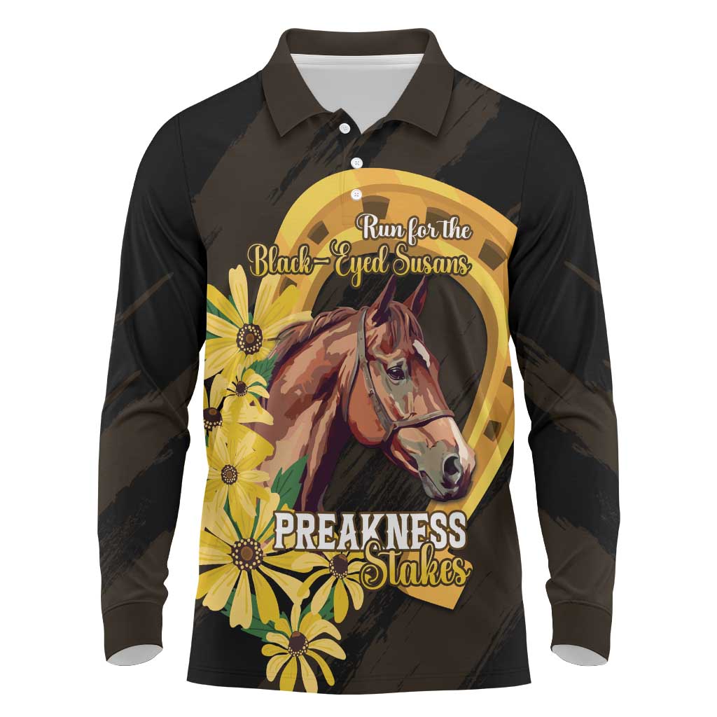 Personalized Preakness Horse Racing Long Sleeve Polo Shirt Horseshoe With Black-Eyed Susans