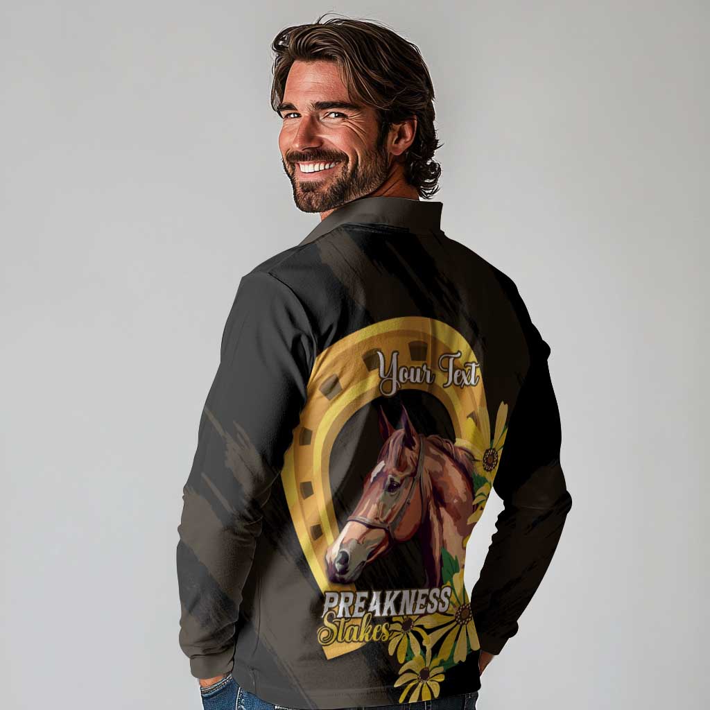 Personalized Preakness Horse Racing Long Sleeve Polo Shirt Horseshoe With Black-Eyed Susans