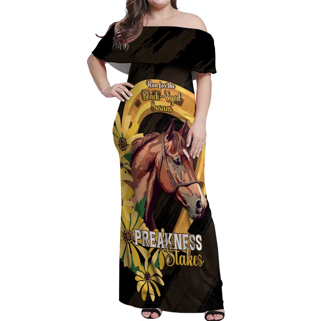 Personalized Preakness Horse Racing Off Shoulder Maxi Dress Horseshoe With Black-Eyed Susans