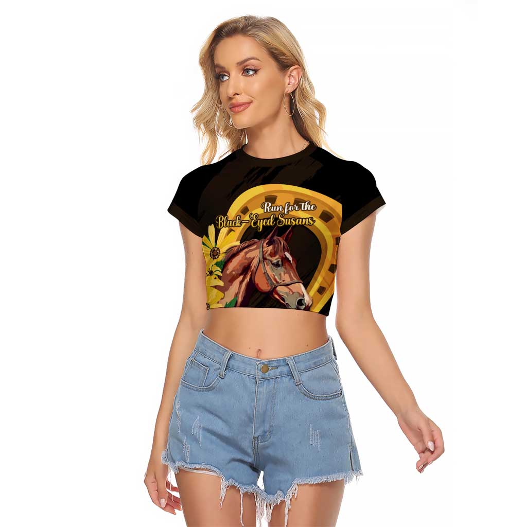Personalized Preakness Horse Racing Raglan Cropped T Shirt Horseshoe With Black-Eyed Susans