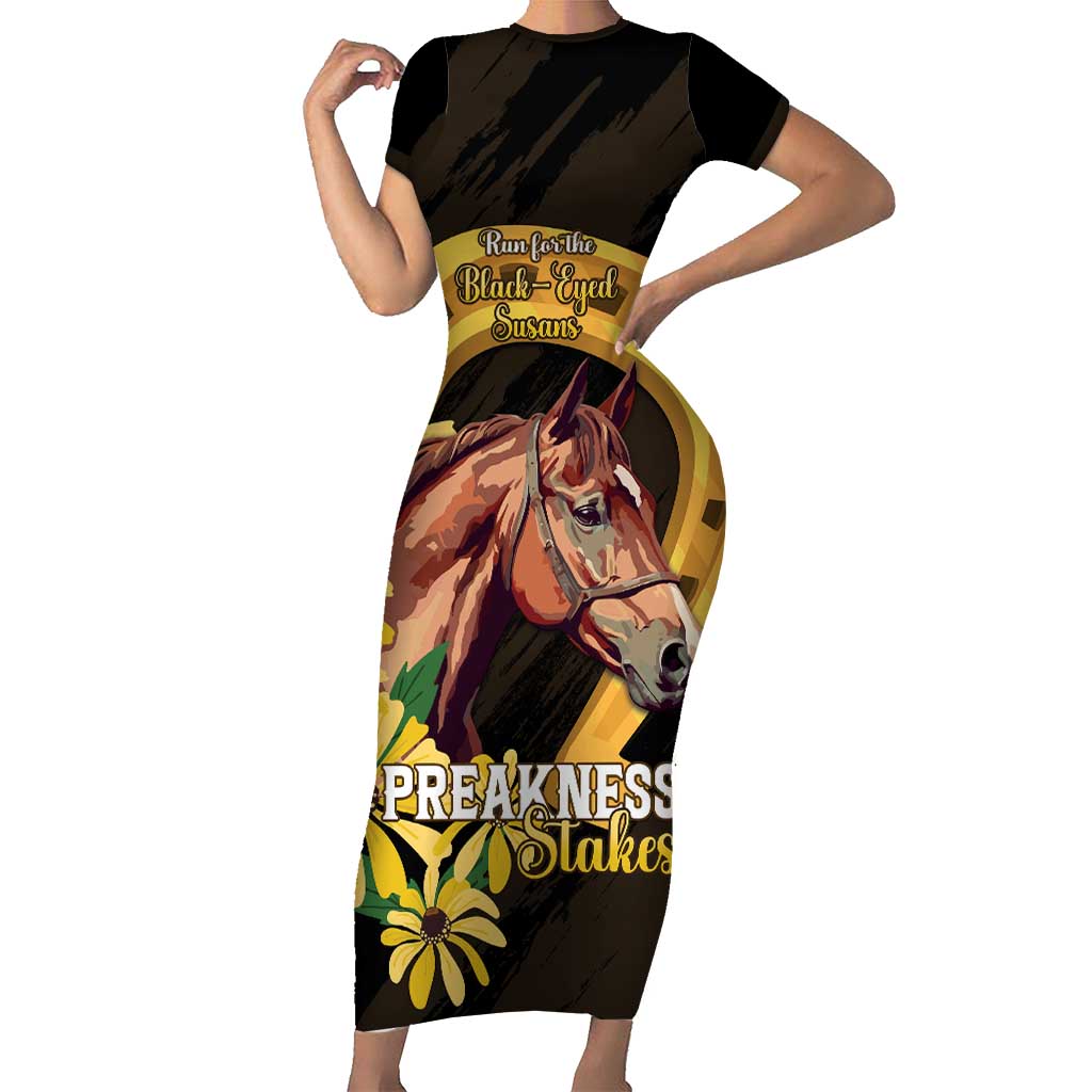 Personalized Preakness Horse Racing Short Sleeve Bodycon Dress Horseshoe With Black-Eyed Susans