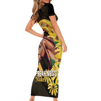Personalized Preakness Horse Racing Short Sleeve Bodycon Dress Horseshoe With Black-Eyed Susans