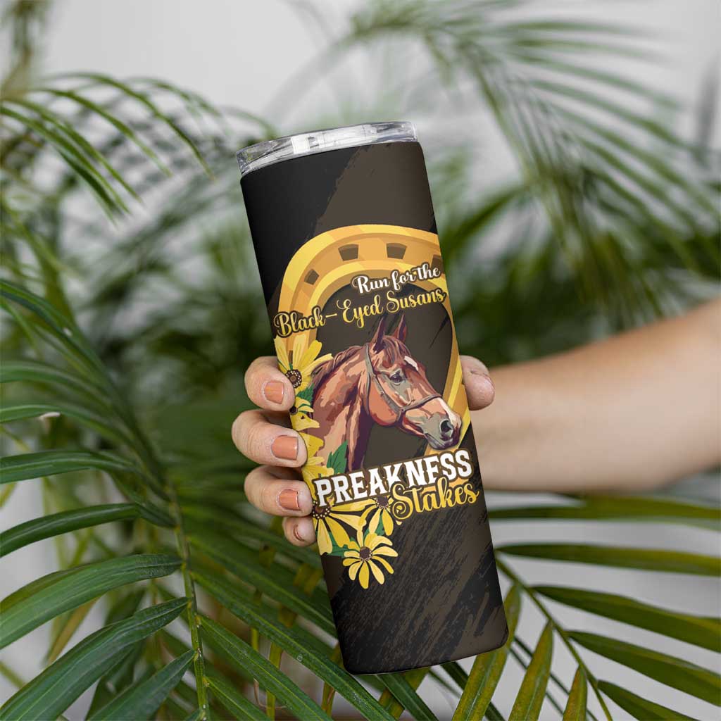 Personalized Preakness Horse Racing Skinny Tumbler Horseshoe With Black-Eyed Susans