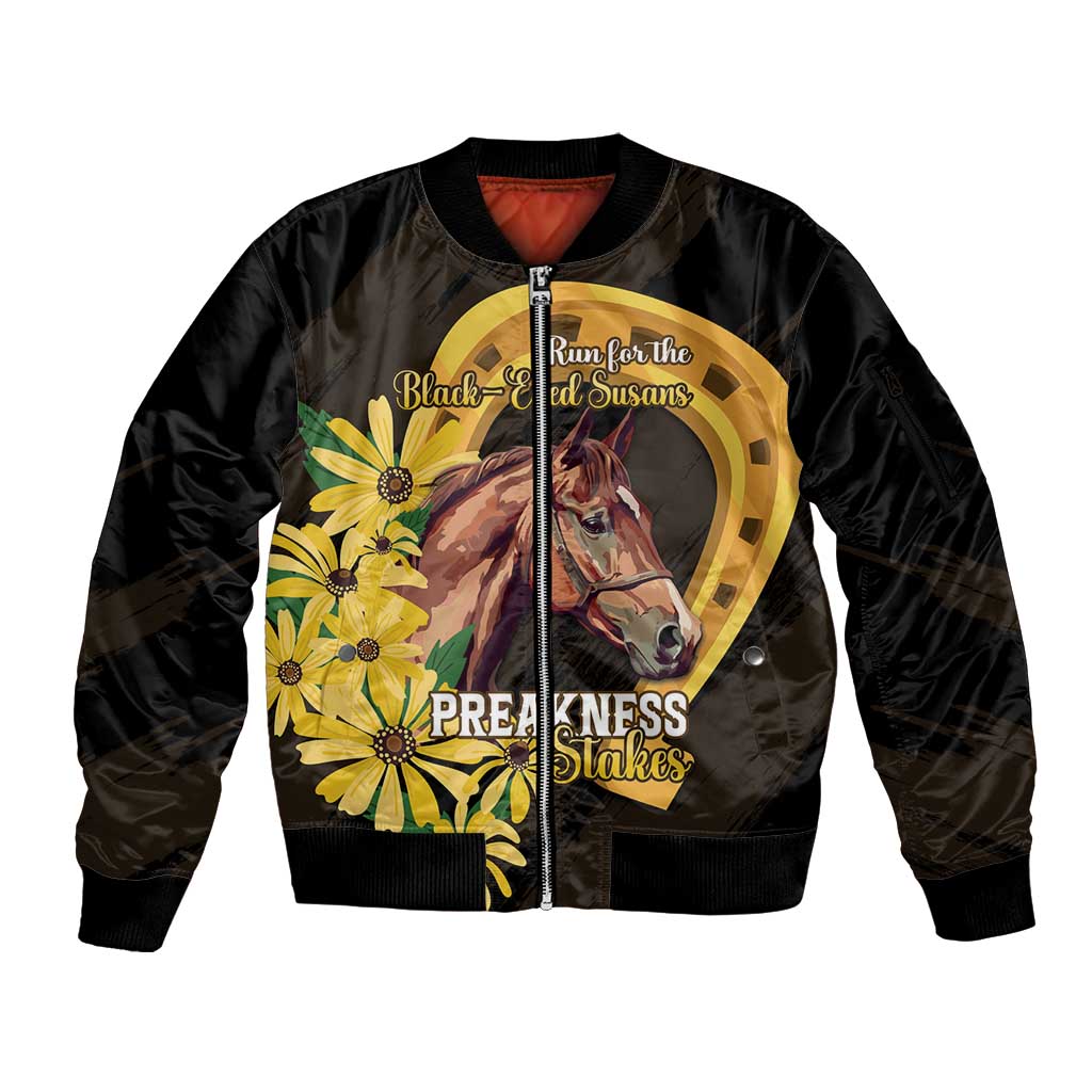 Personalized Preakness Horse Racing Sleeve Zip Bomber Jacket Horseshoe With Black-Eyed Susans