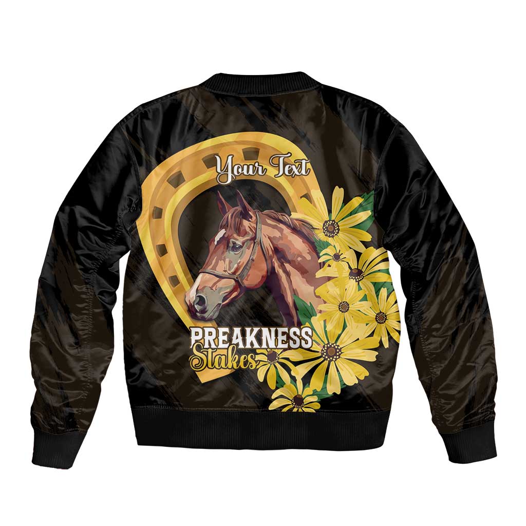 Personalized Preakness Horse Racing Sleeve Zip Bomber Jacket Horseshoe With Black-Eyed Susans