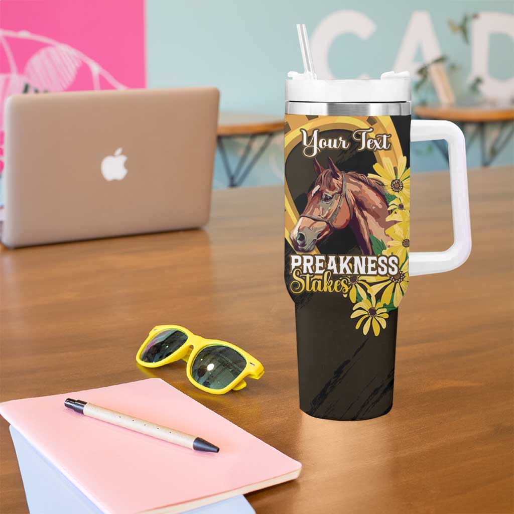Personalized Preakness Horse Racing Tumbler With Handle Horseshoe With Black-Eyed Susans