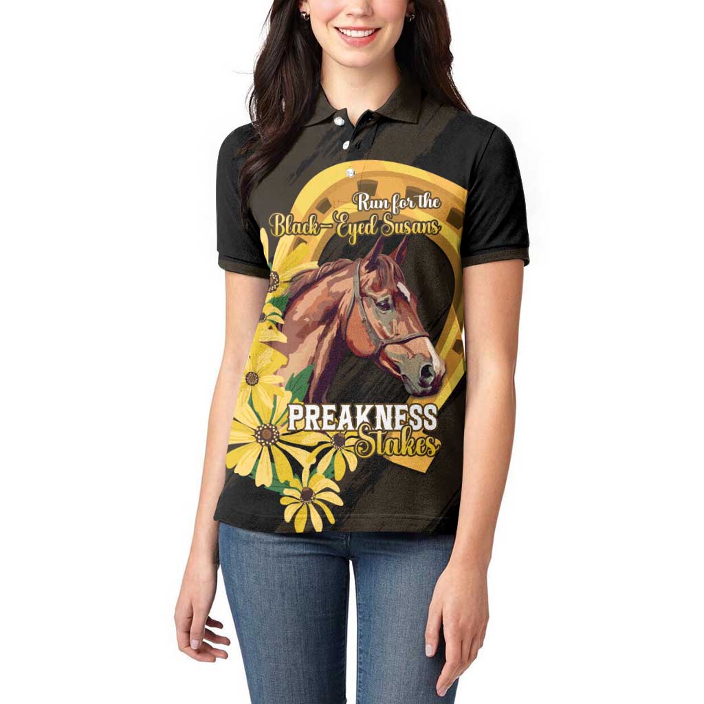 Personalized Preakness Horse Racing Women Polo Shirt Horseshoe With Black-Eyed Susans