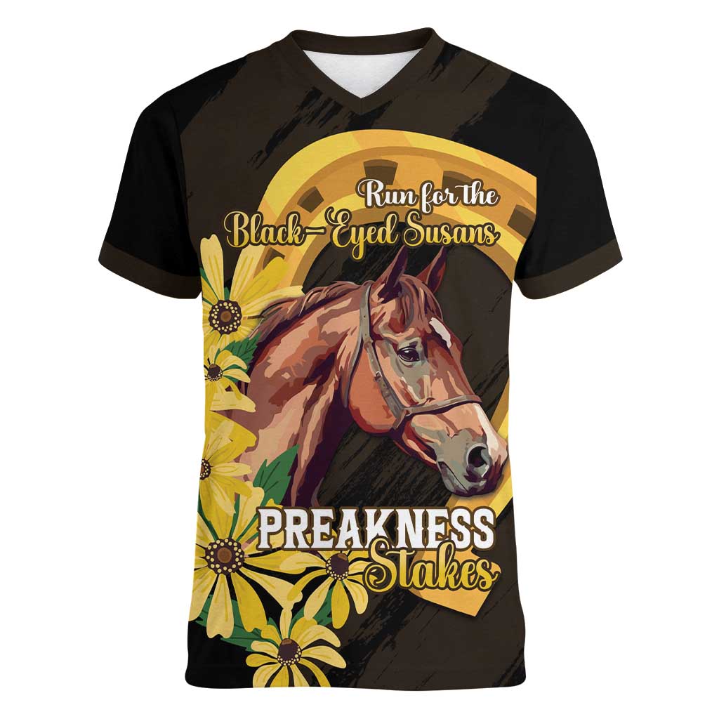 Personalized Preakness Horse Racing Women V-Neck T-Shirt Horseshoe With Black-Eyed Susans