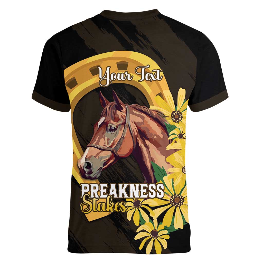 Personalized Preakness Horse Racing Women V-Neck T-Shirt Horseshoe With Black-Eyed Susans