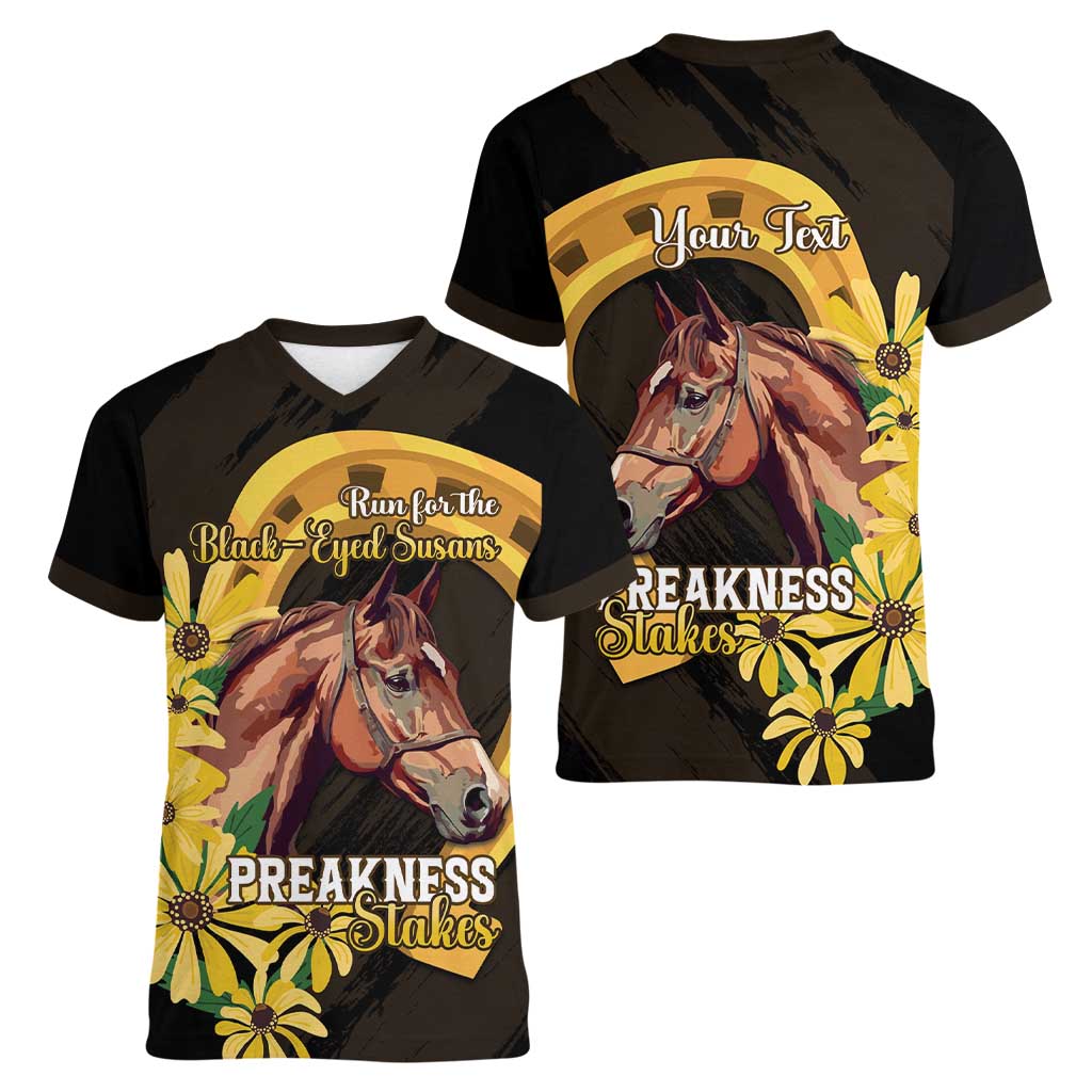 Personalized Preakness Horse Racing Women V-Neck T-Shirt Horseshoe With Black-Eyed Susans