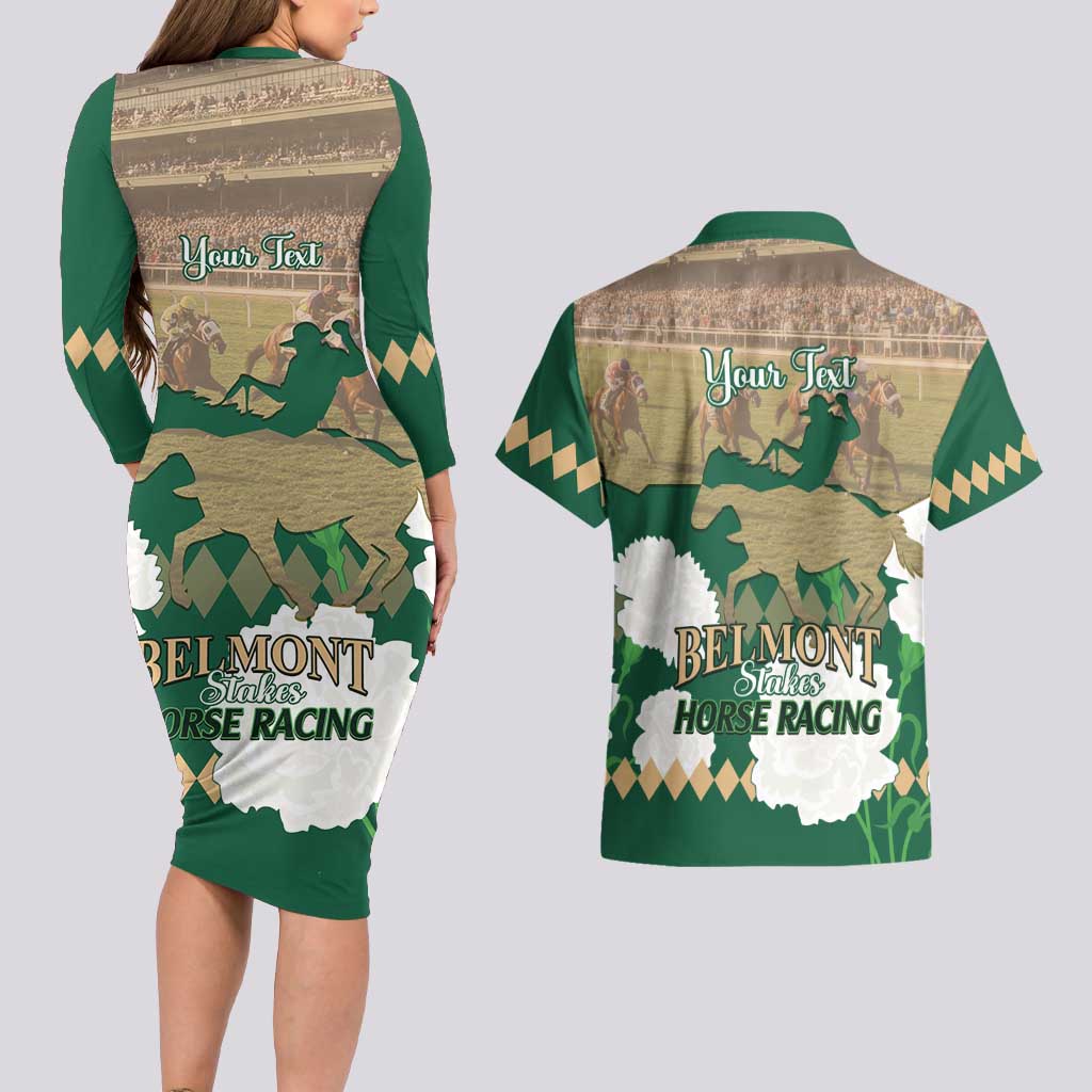 Personalized Belmont Horse Racing Couples Matching Long Sleeve Bodycon Dress and Hawaiian Shirt 157th Anniversary Run For The Carnations