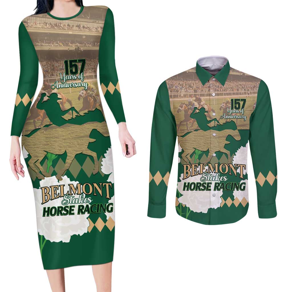Personalized Belmont Horse Racing Couples Matching Long Sleeve Bodycon Dress and Long Sleeve Button Shirt 157th Anniversary Run For The Carnations