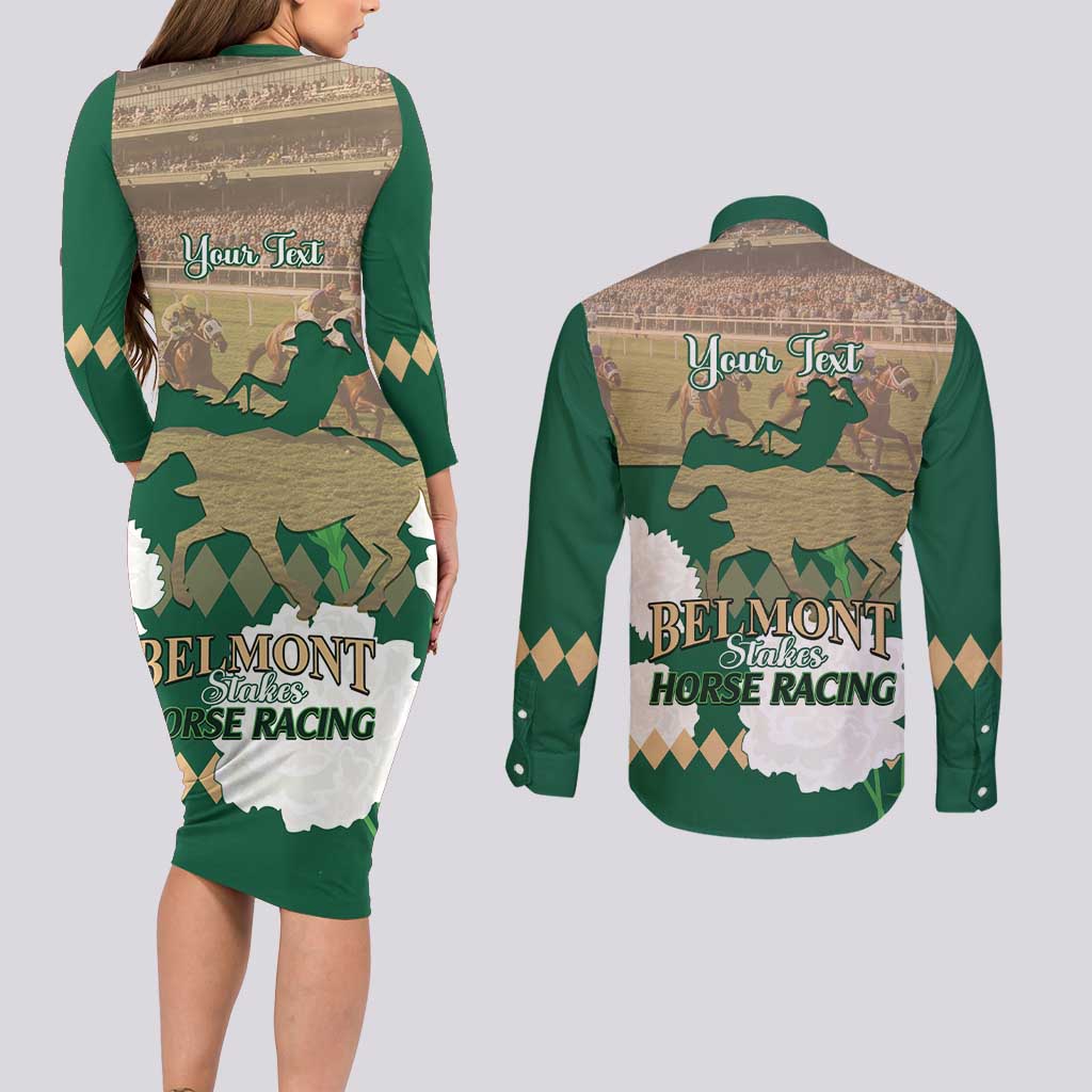 Personalized Belmont Horse Racing Couples Matching Long Sleeve Bodycon Dress and Long Sleeve Button Shirt 157th Anniversary Run For The Carnations