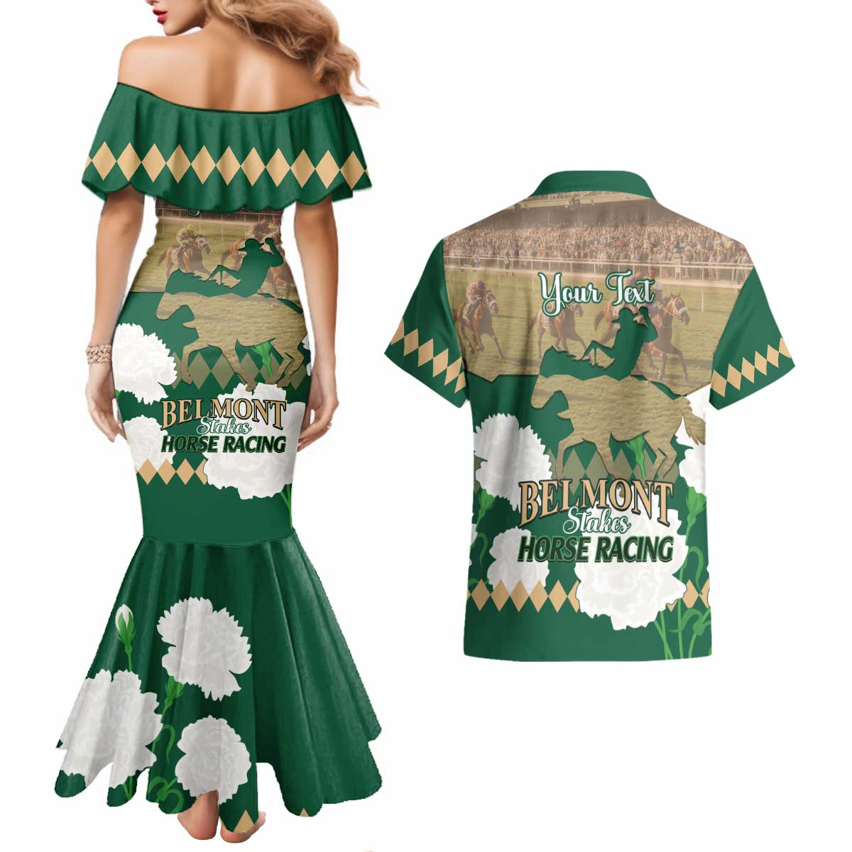 Personalized Belmont Horse Racing Couples Matching Mermaid Dress and Hawaiian Shirt 157th Anniversary Run For The Carnations