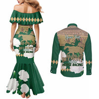 Personalized Belmont Horse Racing Couples Matching Mermaid Dress and Long Sleeve Button Shirt 157th Anniversary Run For The Carnations