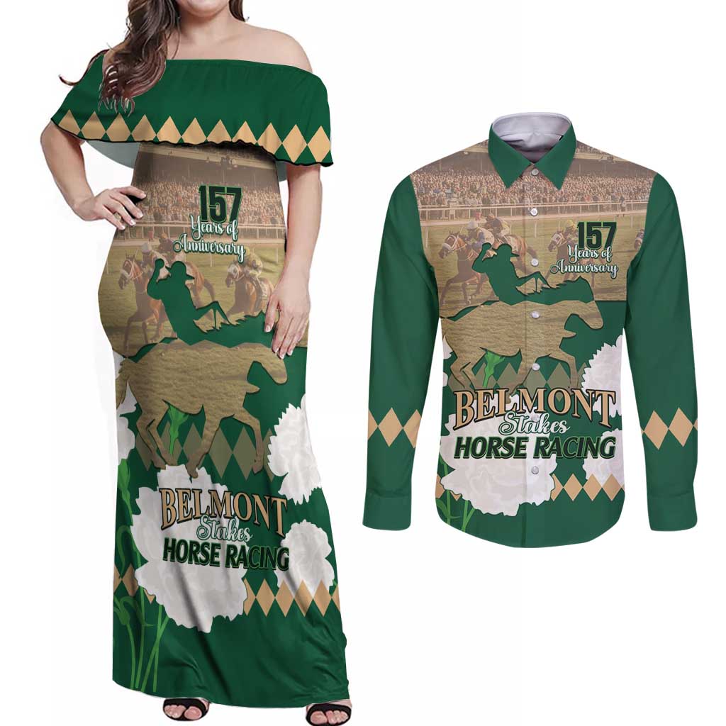 Personalized Belmont Horse Racing Couples Matching Off Shoulder Maxi Dress and Long Sleeve Button Shirt 157th Anniversary Run For The Carnations