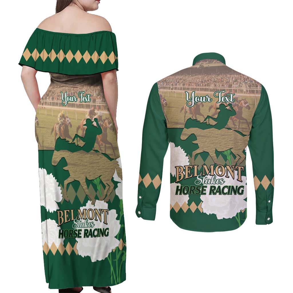 Personalized Belmont Horse Racing Couples Matching Off Shoulder Maxi Dress and Long Sleeve Button Shirt 157th Anniversary Run For The Carnations