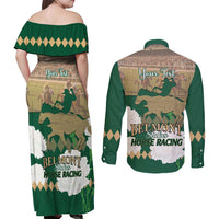 Personalized Belmont Horse Racing Couples Matching Off Shoulder Maxi Dress and Long Sleeve Button Shirt 157th Anniversary Run For The Carnations