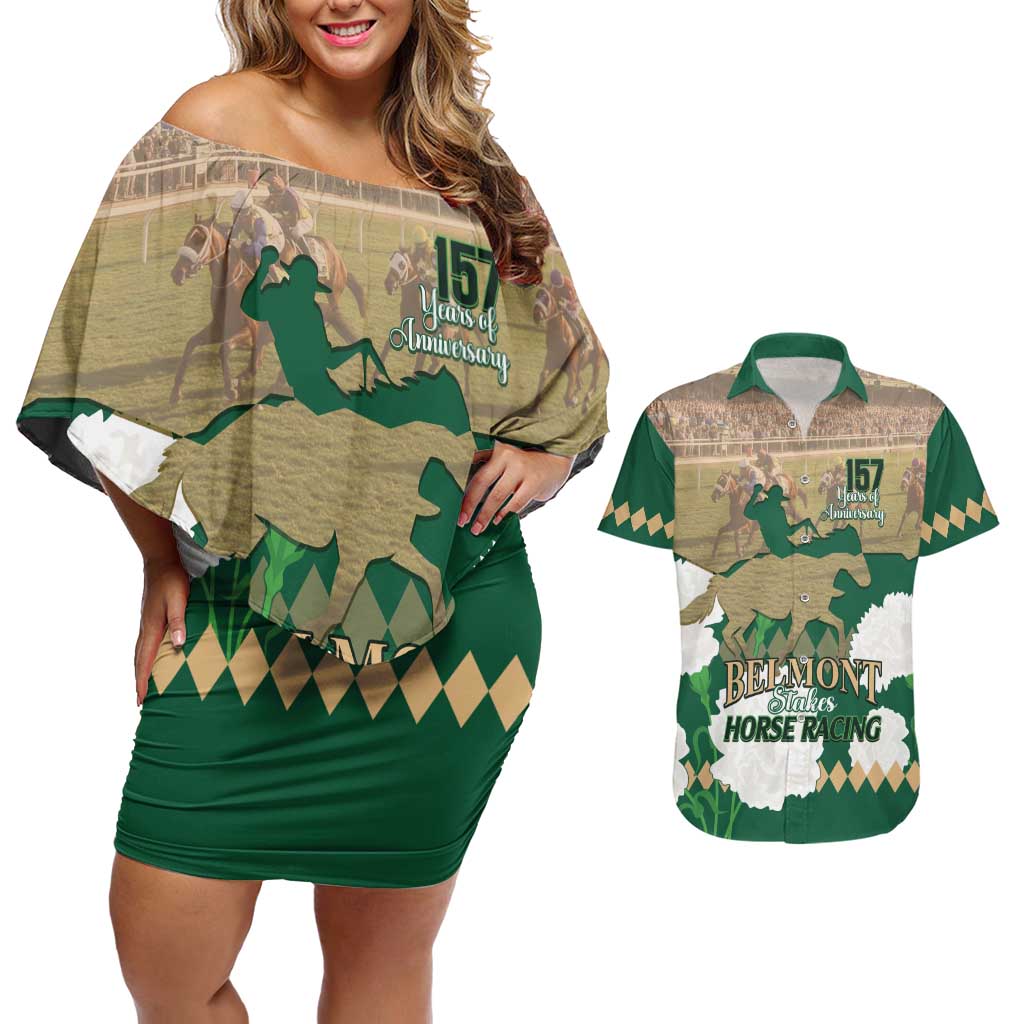 Personalized Belmont Horse Racing Couples Matching Off Shoulder Short Dress and Hawaiian Shirt 157th Anniversary Run For The Carnations