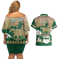 Personalized Belmont Horse Racing Couples Matching Off Shoulder Short Dress and Hawaiian Shirt 157th Anniversary Run For The Carnations