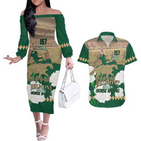 Personalized Belmont Horse Racing Couples Matching Off The Shoulder Long Sleeve Dress and Hawaiian Shirt 157th Anniversary Run For The Carnations
