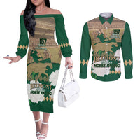 Personalized Belmont Horse Racing Couples Matching Off The Shoulder Long Sleeve Dress and Long Sleeve Button Shirt 157th Anniversary Run For The Carnations