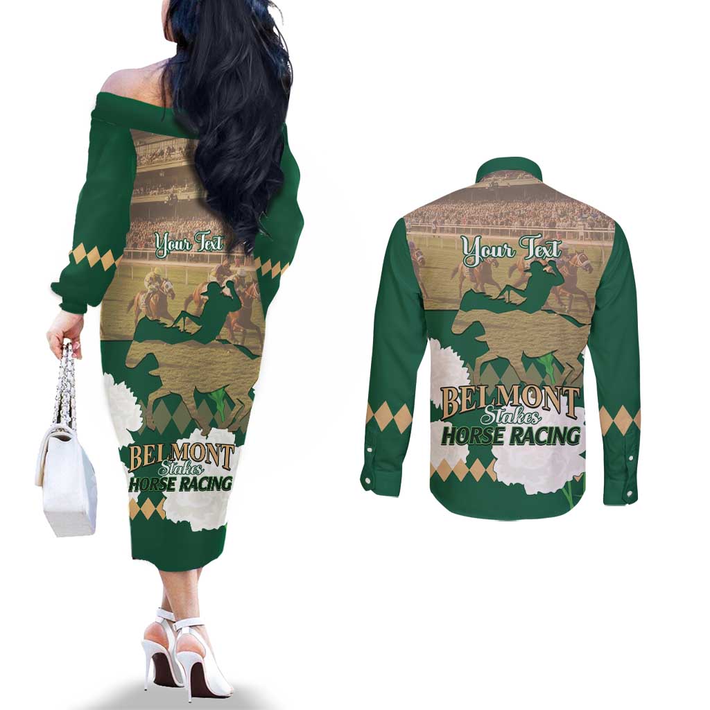 Personalized Belmont Horse Racing Couples Matching Off The Shoulder Long Sleeve Dress and Long Sleeve Button Shirt 157th Anniversary Run For The Carnations