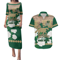 Personalized Belmont Horse Racing Couples Matching Puletasi and Hawaiian Shirt 157th Anniversary Run For The Carnations