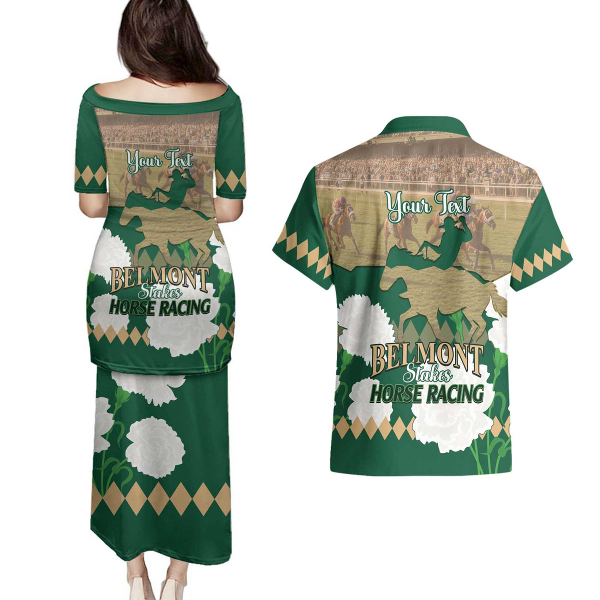 Personalized Belmont Horse Racing Couples Matching Puletasi and Hawaiian Shirt 157th Anniversary Run For The Carnations