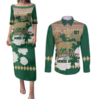 Personalized Belmont Horse Racing Couples Matching Puletasi and Long Sleeve Button Shirt 157th Anniversary Run For The Carnations