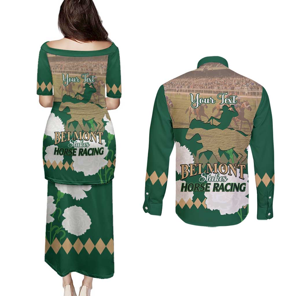 Personalized Belmont Horse Racing Couples Matching Puletasi and Long Sleeve Button Shirt 157th Anniversary Run For The Carnations