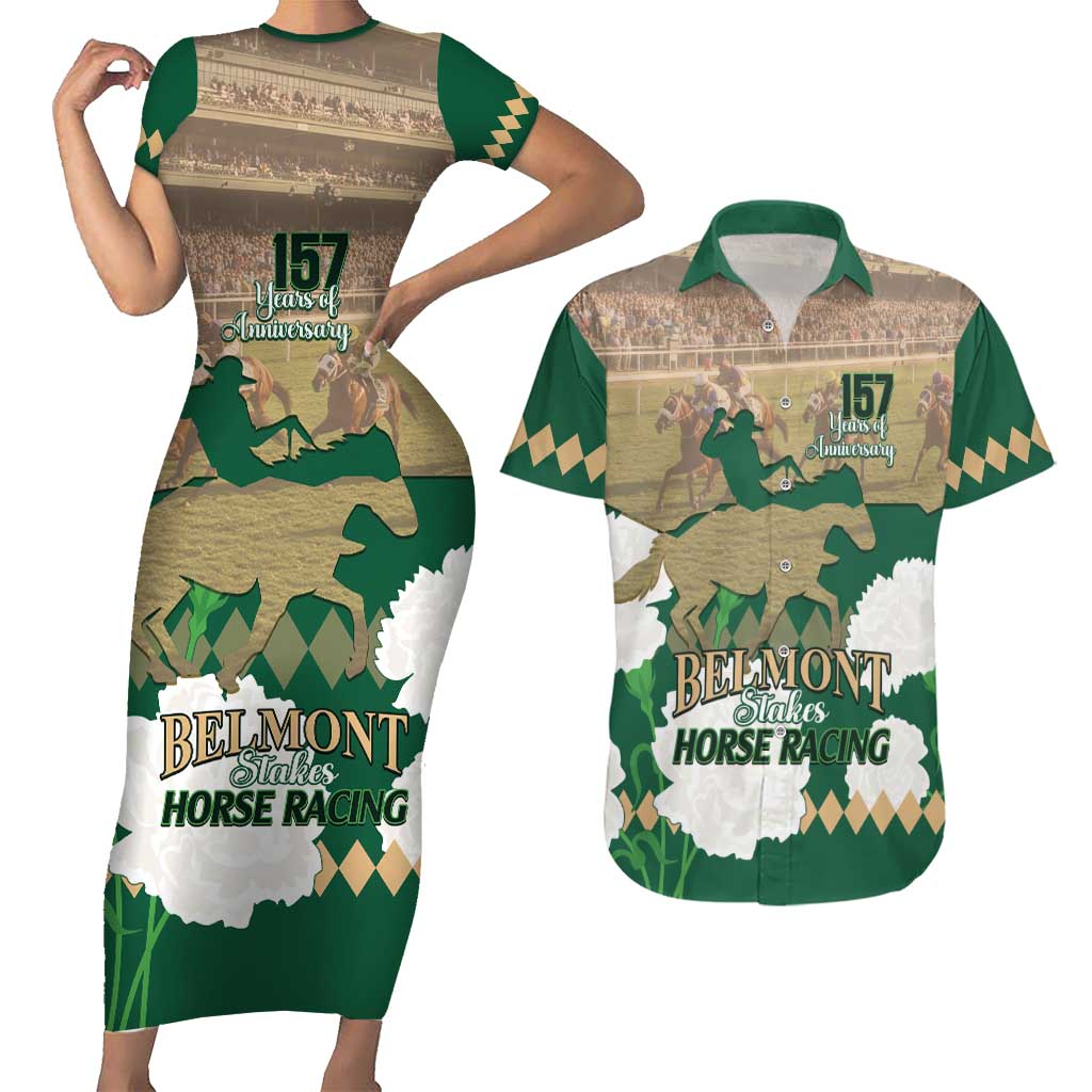 Personalized Belmont Horse Racing Couples Matching Short Sleeve Bodycon Dress and Hawaiian Shirt 157th Anniversary Run For The Carnations