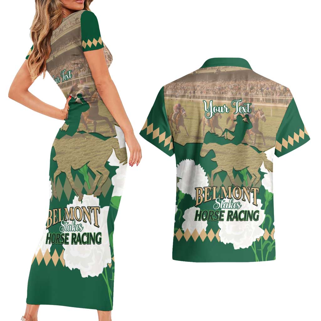 Personalized Belmont Horse Racing Couples Matching Short Sleeve Bodycon Dress and Hawaiian Shirt 157th Anniversary Run For The Carnations