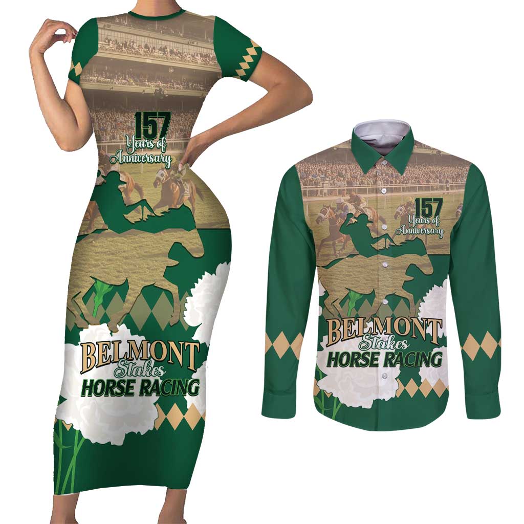 Personalized Belmont Horse Racing Couples Matching Short Sleeve Bodycon Dress and Long Sleeve Button Shirt 157th Anniversary Run For The Carnations