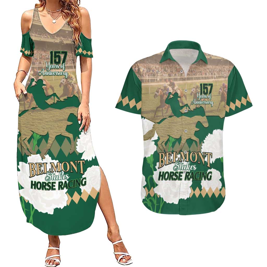 Personalized Belmont Horse Racing Couples Matching Summer Maxi Dress and Hawaiian Shirt 157th Anniversary Run For The Carnations