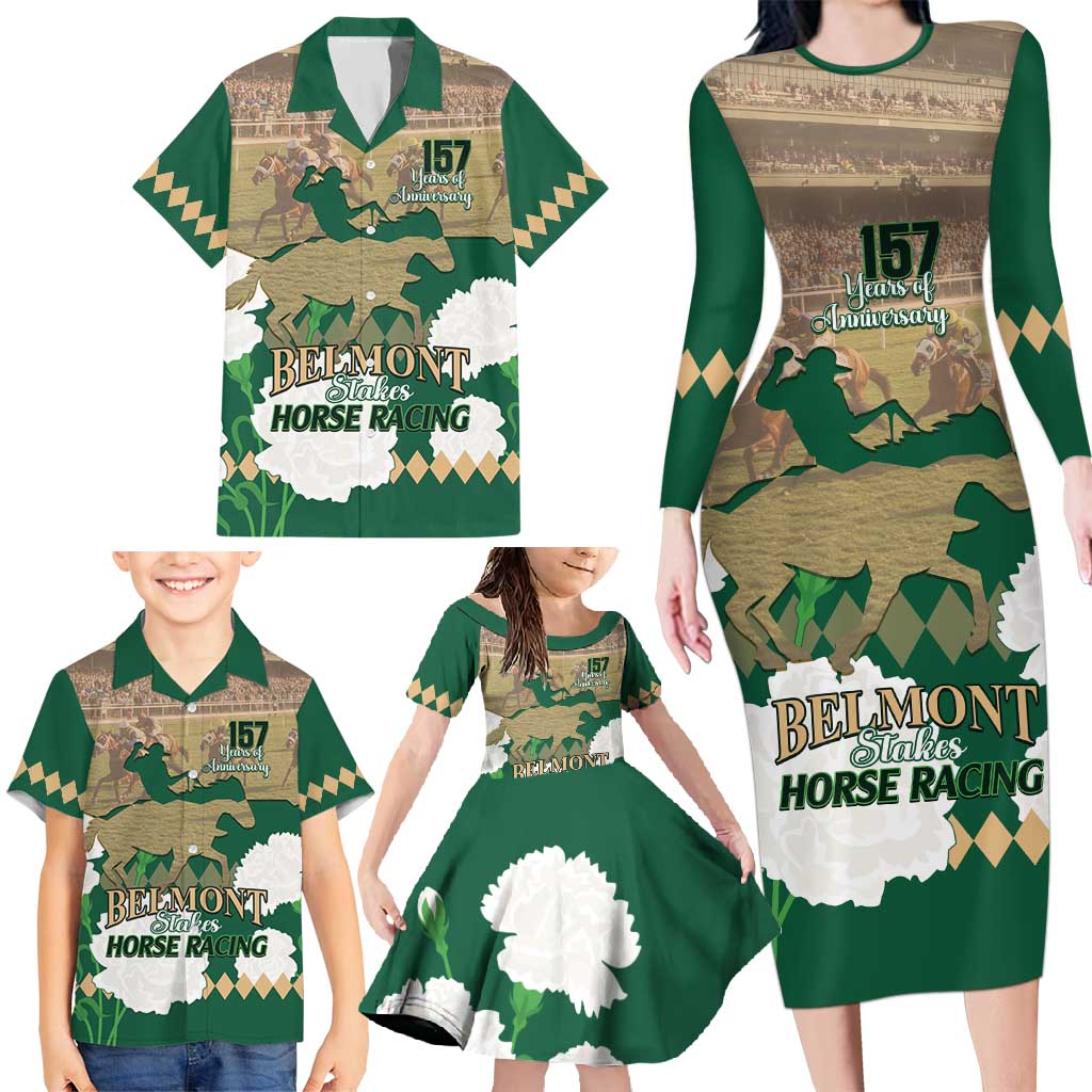 Personalized Belmont Horse Racing Family Matching Long Sleeve Bodycon Dress and Hawaiian Shirt 157th Anniversary Run For The Carnations