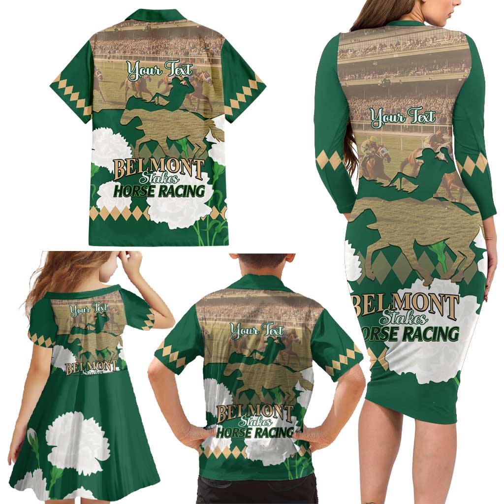 Personalized Belmont Horse Racing Family Matching Long Sleeve Bodycon Dress and Hawaiian Shirt 157th Anniversary Run For The Carnations