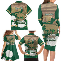 Personalized Belmont Horse Racing Family Matching Long Sleeve Bodycon Dress and Hawaiian Shirt 157th Anniversary Run For The Carnations