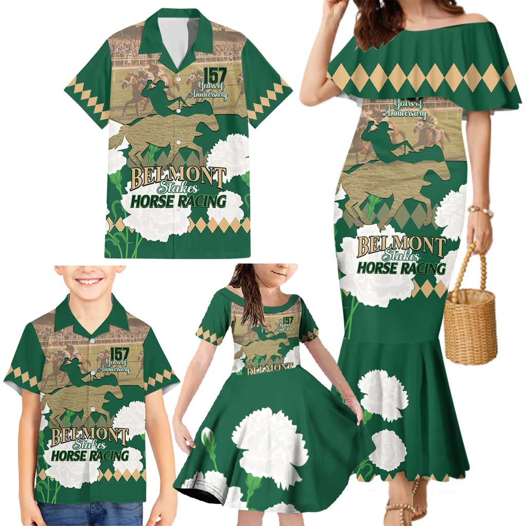 Personalized Belmont Horse Racing Family Matching Mermaid Dress and Hawaiian Shirt 157th Anniversary Run For The Carnations
