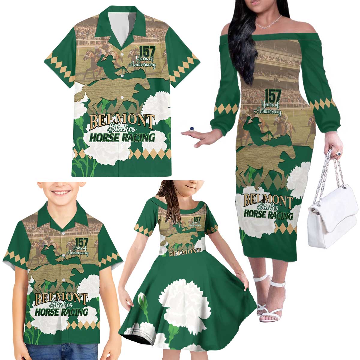 Personalized Belmont Horse Racing Family Matching Off The Shoulder Long Sleeve Dress and Hawaiian Shirt 157th Anniversary Run For The Carnations