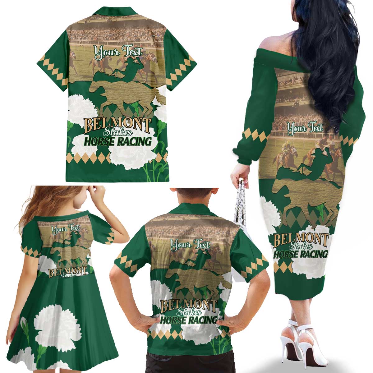 Personalized Belmont Horse Racing Family Matching Off The Shoulder Long Sleeve Dress and Hawaiian Shirt 157th Anniversary Run For The Carnations