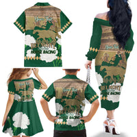Personalized Belmont Horse Racing Family Matching Off The Shoulder Long Sleeve Dress and Hawaiian Shirt 157th Anniversary Run For The Carnations