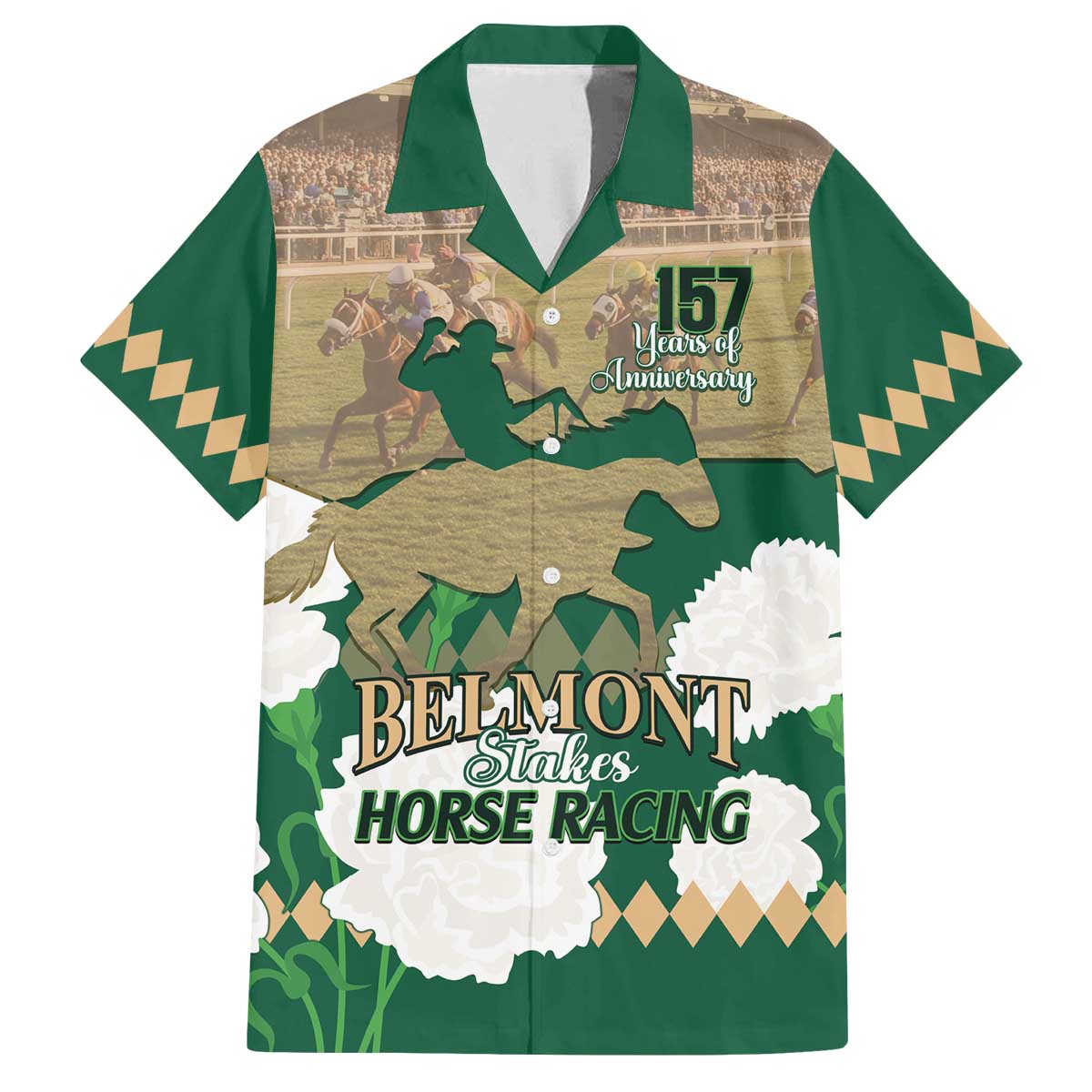 Personalized Belmont Horse Racing Family Matching Off The Shoulder Long Sleeve Dress and Hawaiian Shirt 157th Anniversary Run For The Carnations