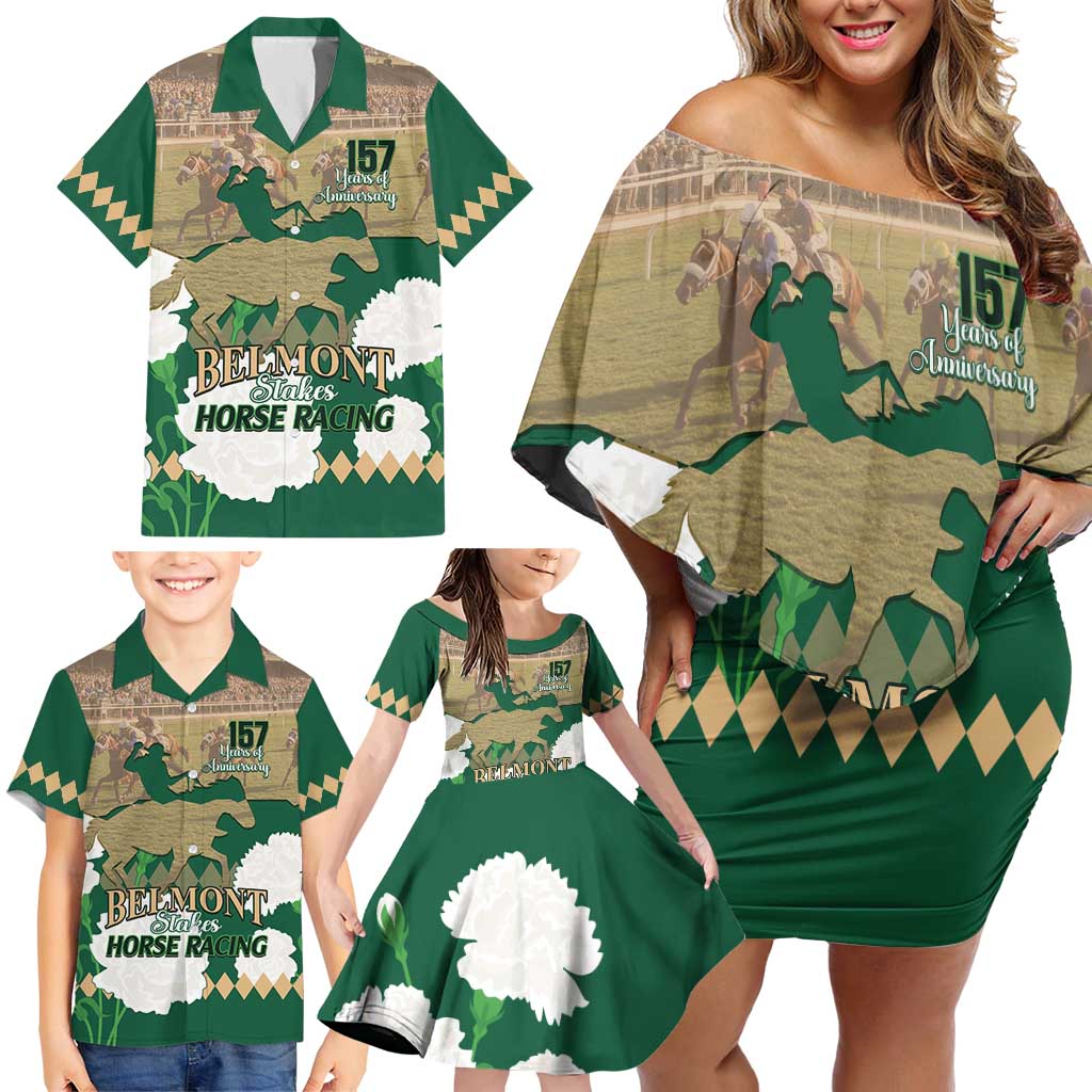 Personalized Belmont Horse Racing Family Matching Off Shoulder Short Dress and Hawaiian Shirt 157th Anniversary Run For The Carnations