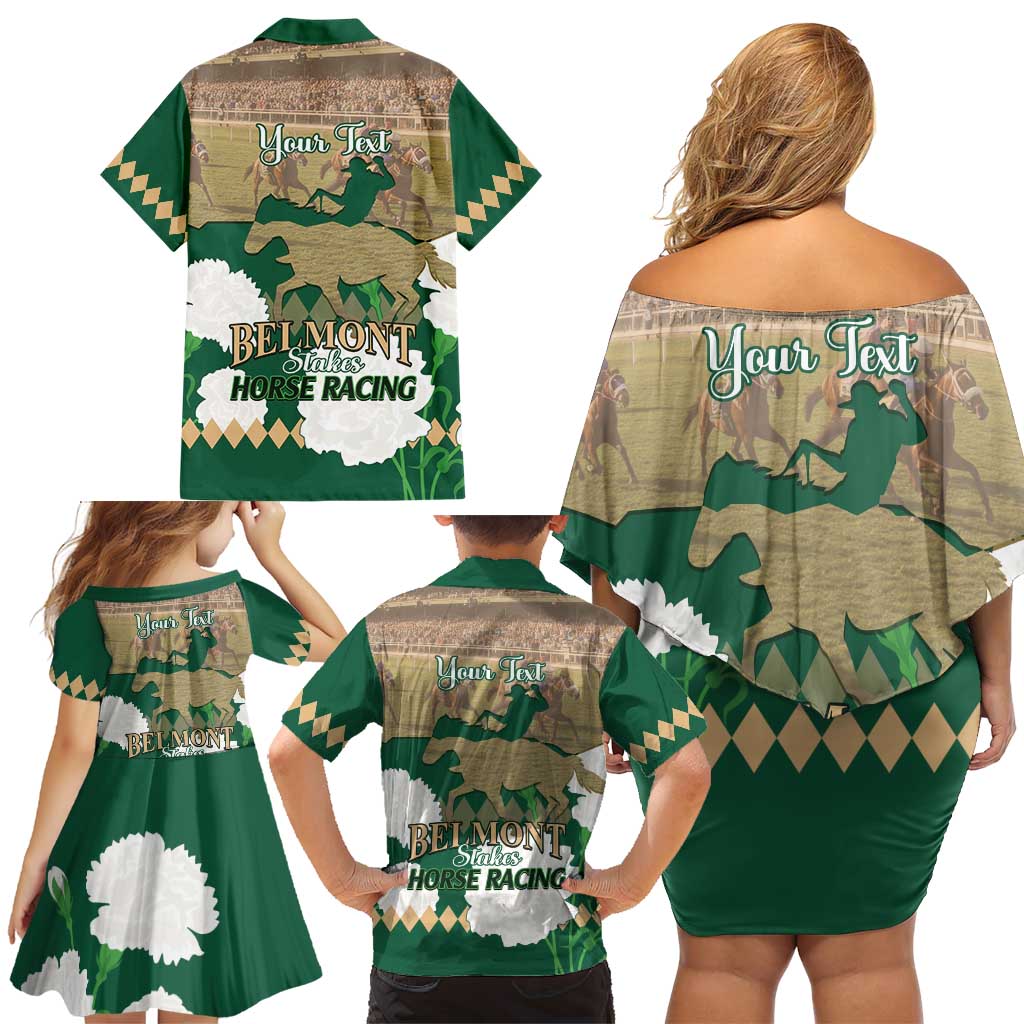Personalized Belmont Horse Racing Family Matching Off Shoulder Short Dress and Hawaiian Shirt 157th Anniversary Run For The Carnations