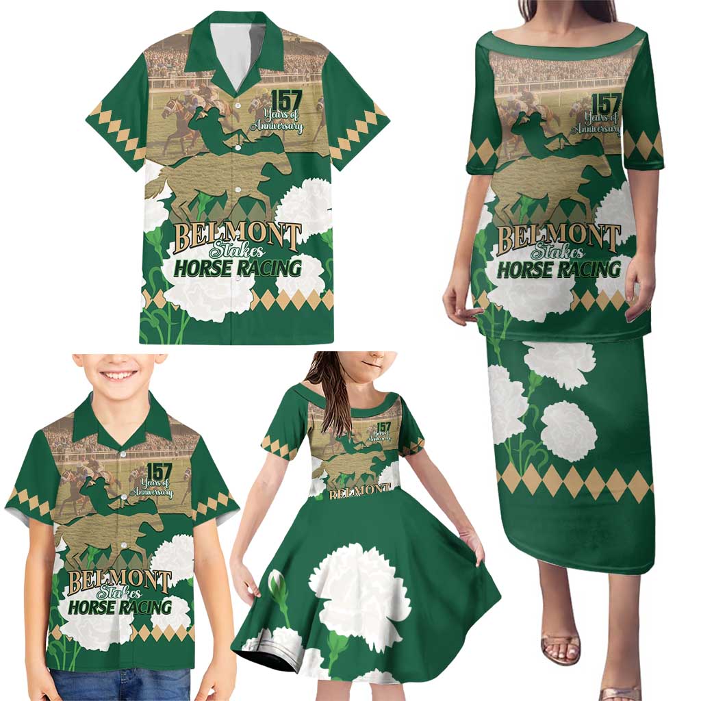 Personalized Belmont Horse Racing Family Matching Puletasi and Hawaiian Shirt 157th Anniversary Run For The Carnations